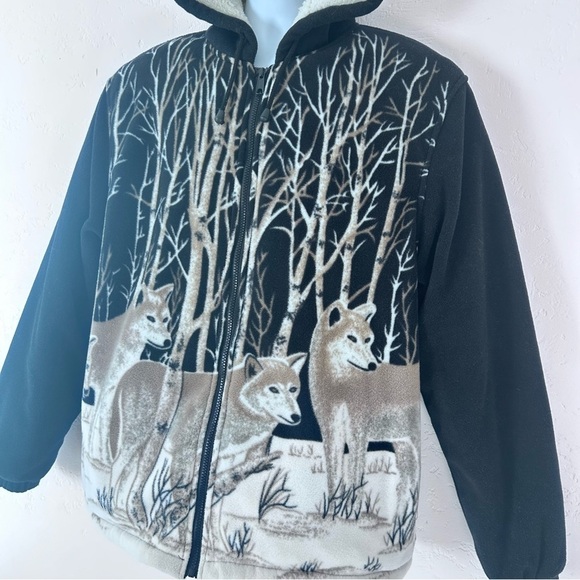 VICTORY RUGGED WEAR VTG 90s Sherpa Lined Fleece Wolf Nature AOP Jacket Men L EUC - Picture 4 of 13